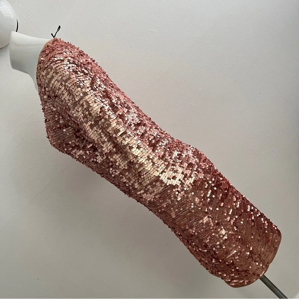 NEW BCBGMAXARIA FITTED SEQUIN DRESS LARGE ROSE GOLD STRETCH cocktail PARTY - Picture 7 of 12